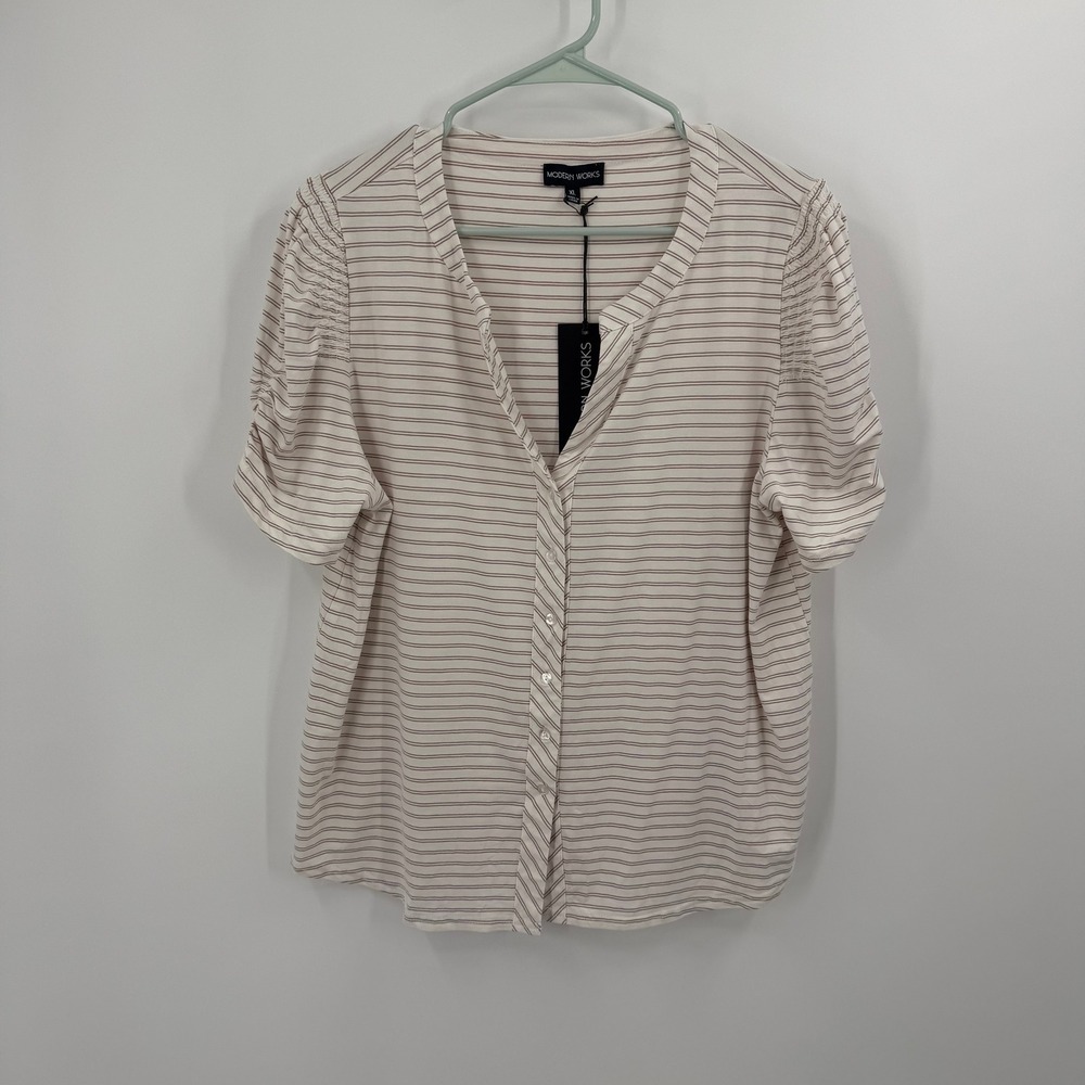 MODERN WORKS Striped Shirt Womens XL Button Front Roll Tab‎ Sleeve Blouse New